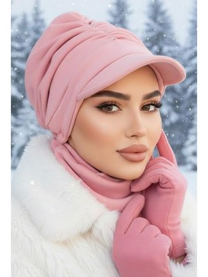 Pudra Kışlık Büzgülü Şapka Ve Etol Takım