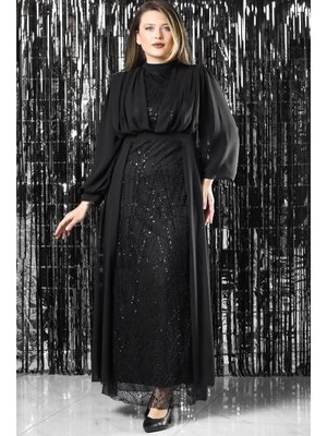 Siyah İşleme Detaylı Şifon Abiye Elbise