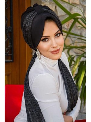 Siyah Pilise Fularlı Şapkalı Bone