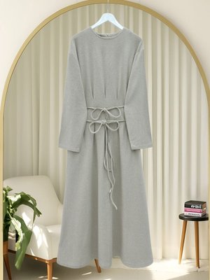 Bej Beli Drapeli Çift Bağcıklı Selanik Elbise