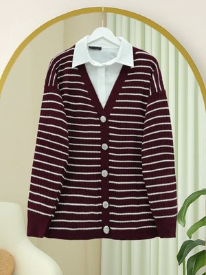 Bordo Taş Detaylı Düğmeli Triko Hırka