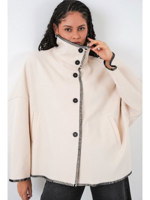 Ekru Nakışlı Kaşe Ceket