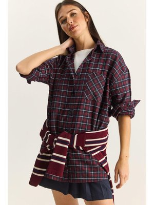 Lacivert Tek Cep Detaylı Oversize Ekose Gömlek Kırmızı