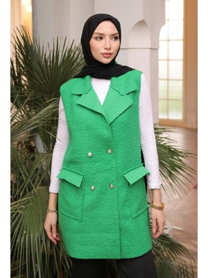 Yeşil Kruvaze Yaka Cepli Buklet Yelek