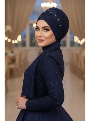 Lacivert Aksesuarlı Atkılı Abiye Bone