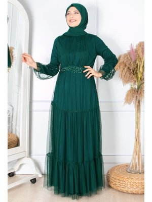 Fırfır Güpür İşlemeli Tül Abiye Zümrüt