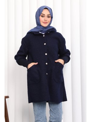 Lacivert Kapüşonlu Buklet Kaban