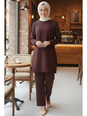 Kahve Taş Detaylı Modal İkili Takım