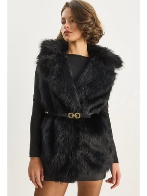 Siyah Ceket Yaka Astarlı Kemerli Kürk Yelek