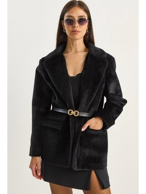 Siyah Cep Detaylı Astarlı Kemerli Peluş Dokulu Blazer Ceket