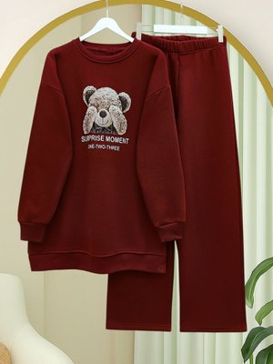 Bordo Ayıcık Baskılı Şardonlu İplik Sweat Takım