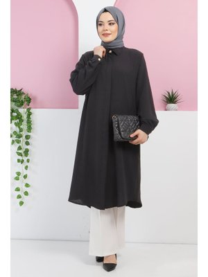 Siyah Büyük Beden Düğmeli Tunik