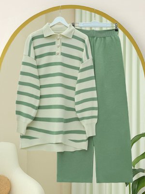 Yeşil Polo Yaka Düğmeli Çizgili Triko Takım