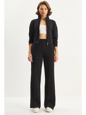 Siyah Yumuşak Dokulu Modal Dik Yaka Hırka Bol Pantolonlu Takım