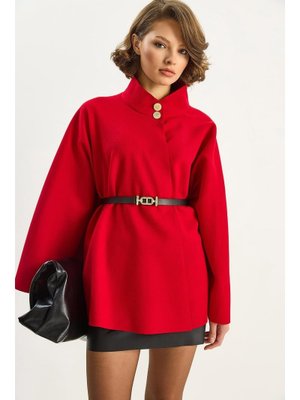 Kırmızı Gold Düğme Detaylı Dik Yaka Kemerli Panço