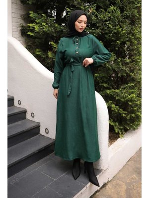 Zümrüt Yeşili Kuşaklı Kol Lastikli Fitilli Elbise