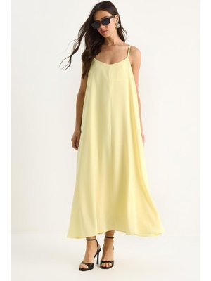 Limon Sarısı İp Askılı Astarlı Dökümlü Rahat Yazlık Elbise
