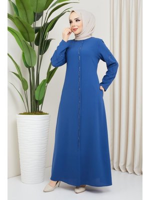 Taş Detaylı Büyük Beden İndigo Ferace