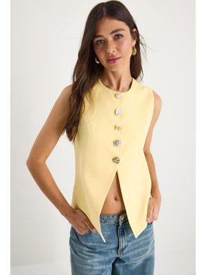 Sarı Regular Bisilet Yaka Gold Düğme Detaylı Astarlı Dokuma Yelek