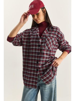 Kırmızı Beyaz Tek Cep Detaylı Oversize Ekose Gömlek