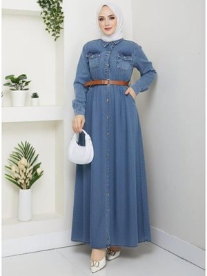 Düğmeli Kemerli Denim Kot Mavi Elbise