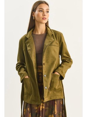 Haki Cep Detaylı Kuşaklı Süet Ceket