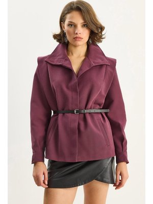 Mürdüm Strüktürlü Omuz Detaylı Kemerli Astarlı Ceket