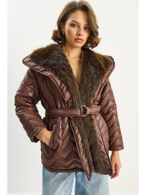 Kahverengi Kürk Detaylı Kuşaklı Astarlı Kapitone Mont