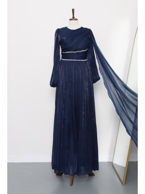 Lacivert Bel Büzgülü Taşlı Abiye Elbise