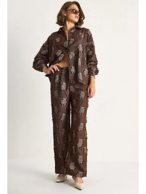 Kahve Oversize Gömlek Beli Lastikli Pantolon Saçaklı Dokuma Alt Üst Takım