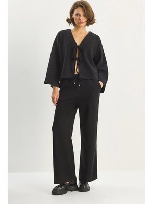 Siyah Bağlama Detaylı Kimono Yüksek Bel Bol Pantolon Selanik Takım