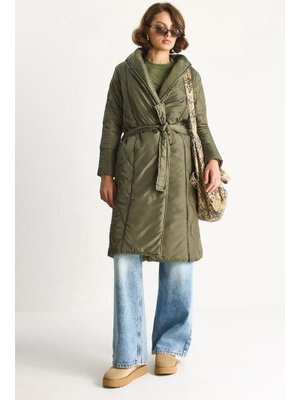 Haki Kuşaklı Şal Yaka Kapitone Kaban