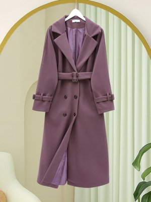 Vişne Önü Düğmeli Beli Ve Kolu Kemerli Cepli Astarlı Kaşe Kap