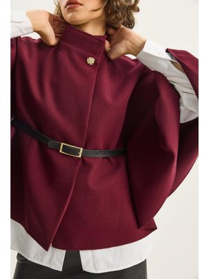 Vişne Gold Düğme Detaylı Kemerli Panço