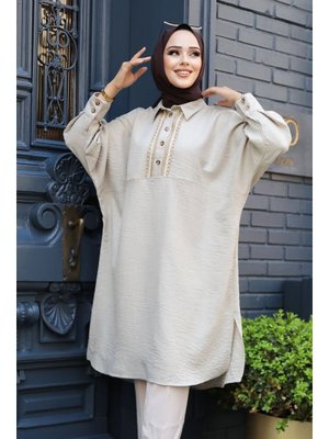 Düğmeli Bej Tunik 663bej