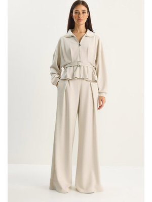 Taş Beli Kemerli Pileli Hırka Yüksek Bel Bol Pantolon Alt Üst Modal Takım