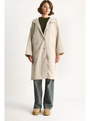 Taş Kapüşonlu Astarlı Cep Detaylı Orta Boy Mevsimlik Trençkot
