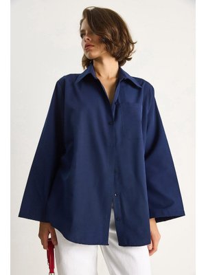 Lacivert Geniş Kollu Tek Cep Detaylı Oversize Basic Poplin Gömlek