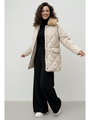 Taş Rengi Yakası Kürklü Kapitone Mont