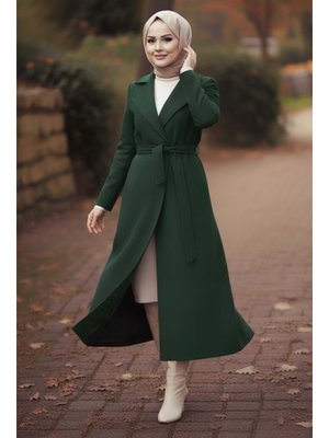 Zumrut Kuşaklı Kaşe Kaban Zümrüt