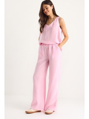 Şeker Pembe V Yaka Askılı Bluz Palazzo Pantolonlu Alt Üst Takım