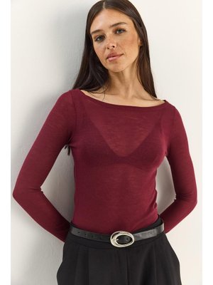 Bordo Kayık Yaka Modal Ultra Hafif Bluz