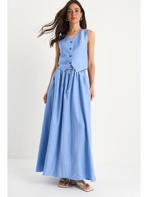 Gök Mavisi Yelekli Cep Detaylı Kloş Etekli Takım