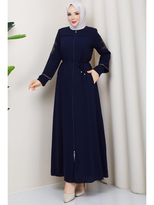 Lacivert Bağcıklı Kolu Nakışlı Ferace