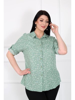 Haki Pamuk Viskon Çiçek Desen Büyük Beden Gömlek