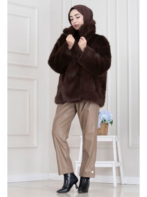 Kahverengi Şal Yaka Cırt Cırtlı Suni Kürk