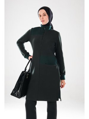 2291_ Fermuarlı Dik Yaka, Taş İşlemeli, Cepli, Uzun Kol, Yırtmaçlı, Tunik Elbise Yeşil