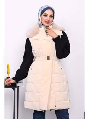 Krem Yaka Kürklü Lastik Kemerli Uzun Şişme Yelek