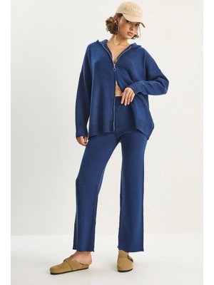 Lacivert Relax Fit Kapüşonlu Hırka Yüksek Bel Pantolon Triko Takım