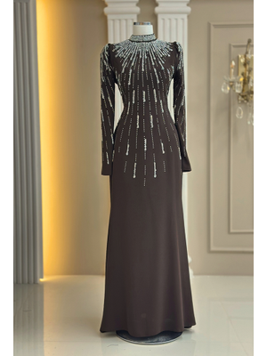 Kahverengi Ayla Abiye Elbise